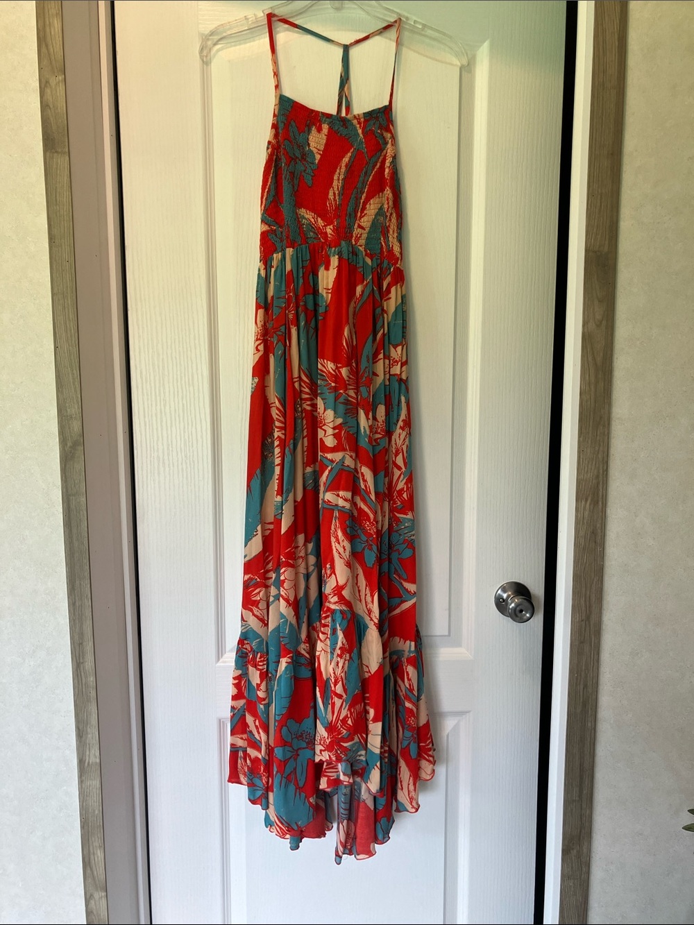 Red Tropical Floral Maxi Skirt with Teal Accents